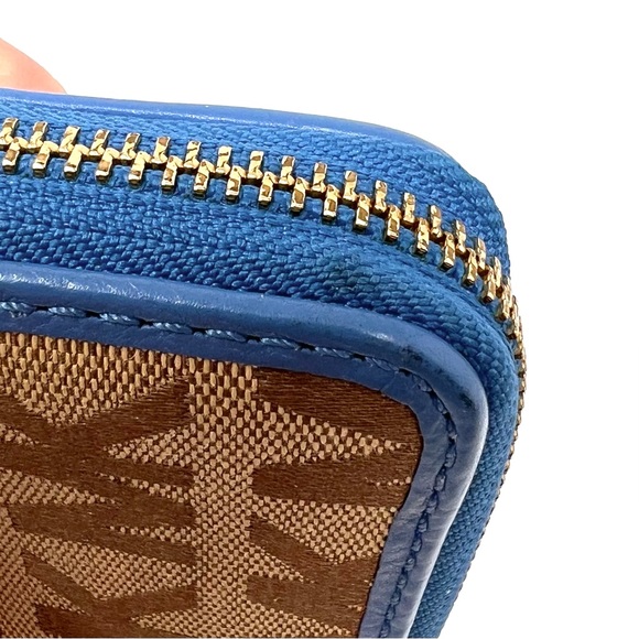 Michael Kors Tan Signature Logo Canvas Blue Leather Zip Around Bifold Wallet - Picture 7 of 10